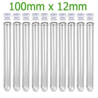 Plastic Test Tubes 100mm x 12mm with stoppers - Laboratory Use - Amounts Between 10 and 500