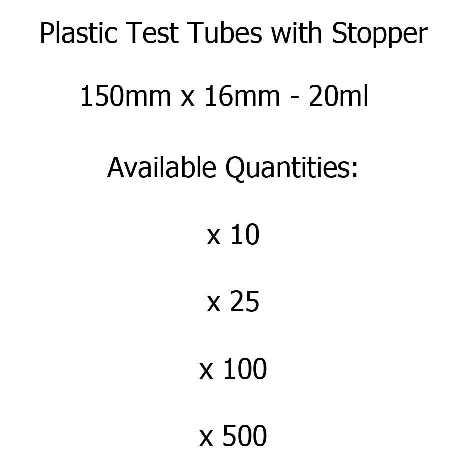 Plastic Test Tubes 150mm x 16mm with stoppers - 20ml Capacity - Amounts Between 10 and 500 - Image 2